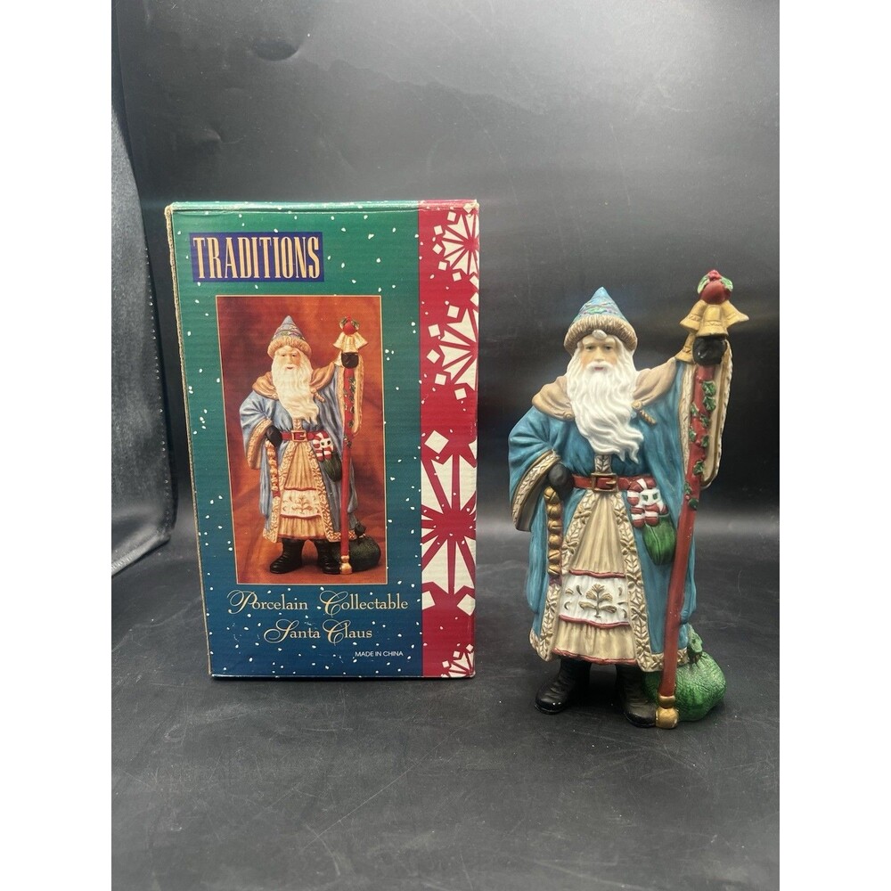 Traditions Santa Claus Porcelain Figurine Blue Robe Gold Bells Staff 8" W/ Box